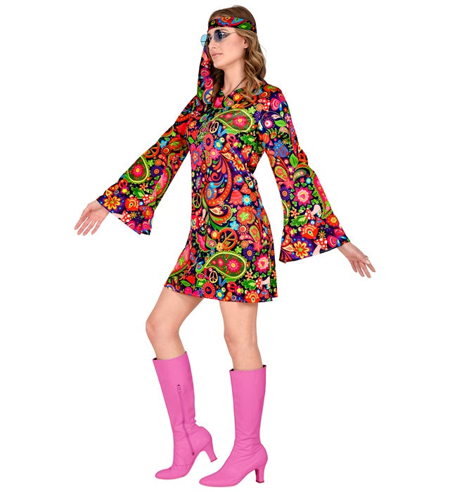 Hippie Girl Kostüm mit buntem Kleid und Stirnband für Fasnacht