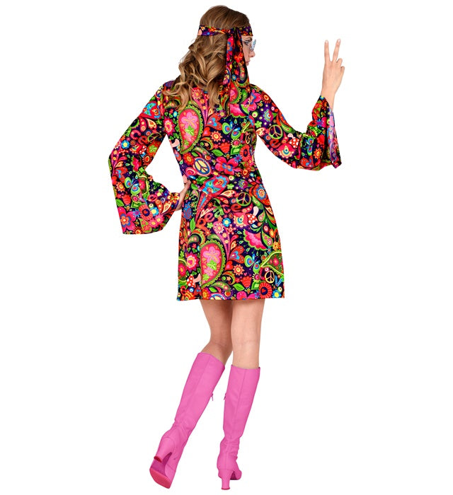 Hippie Girl Kostüm mit buntem Kleid und Stirnband für Fasnacht