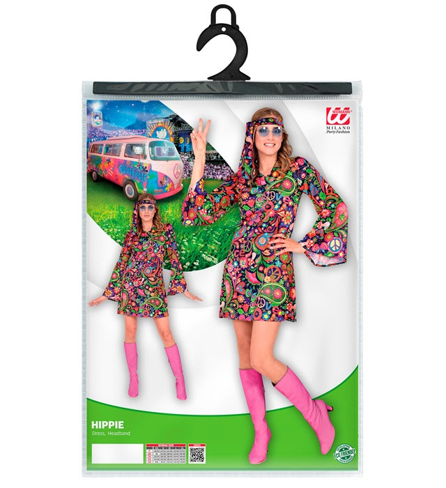Hippie Girl Kostüm mit buntem Kleid und Stirnband für Fasnacht