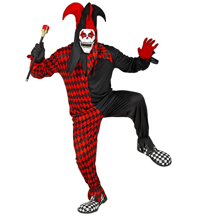 Böser Harlekin Kostüm mit Overall, Maske, Kapuze und Hut in dunklem Design