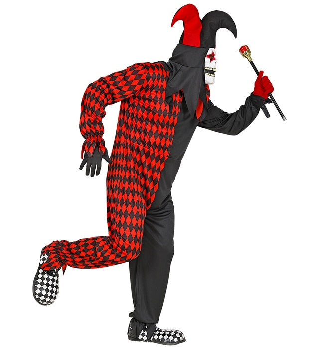 Böser Harlekin Kostüm mit Overall, Maske, Kapuze und Hut in dunklem Design