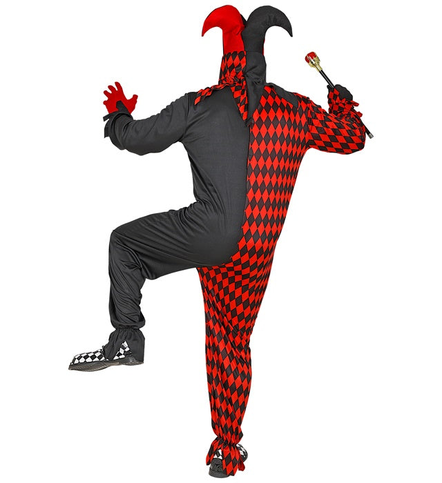 Böser Harlekin Kostüm mit Overall, Maske, Kapuze und Hut in dunklem Design