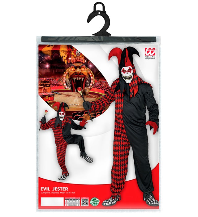 Böser Harlekin Kostüm mit Overall, Maske, Kapuze und Hut in dunklem Design