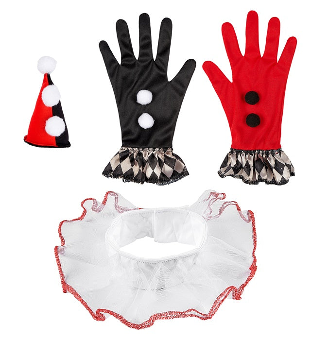 Böser Harlekin Minihut mit Kragen und Handschuhen als Fasnachtskostüm Accessoire