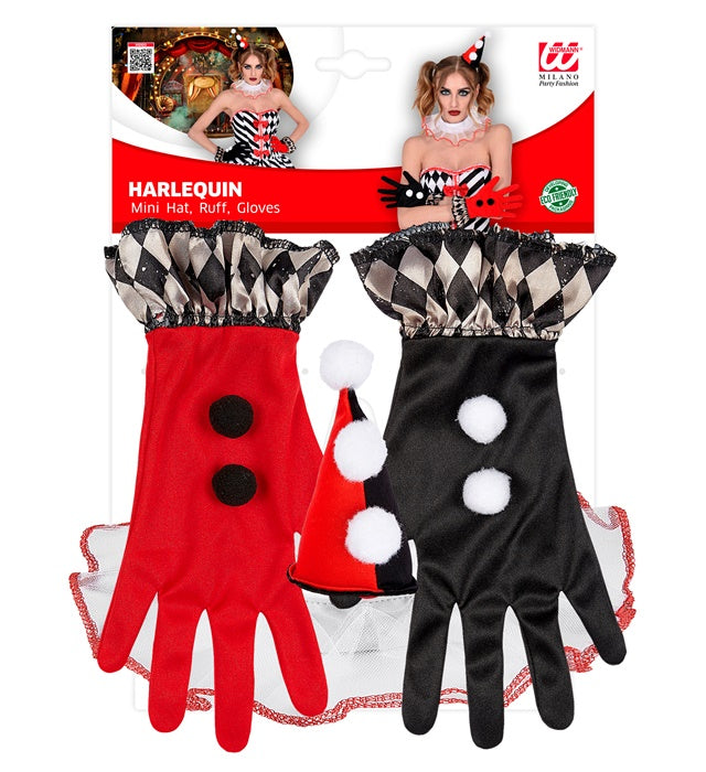 Böser Harlekin Minihut mit Kragen und Handschuhen als Fasnachtskostüm Accessoire