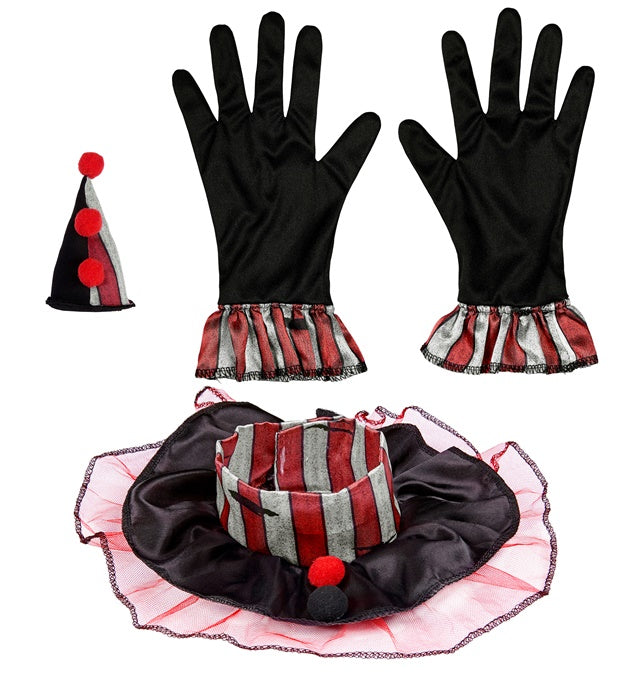 Buntes Clown-Set mit Minihut, Kragen und Handschuhen für Fasnacht