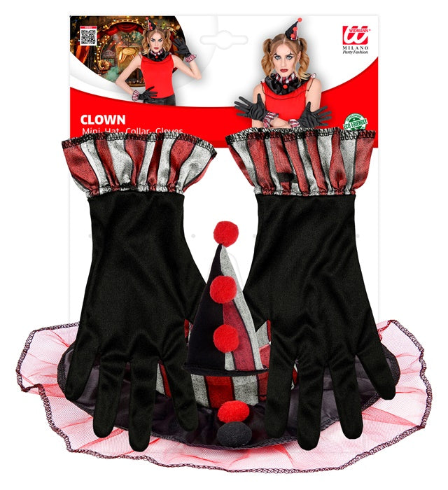Buntes Clown-Set mit Minihut, Kragen und Handschuhen für Fasnacht