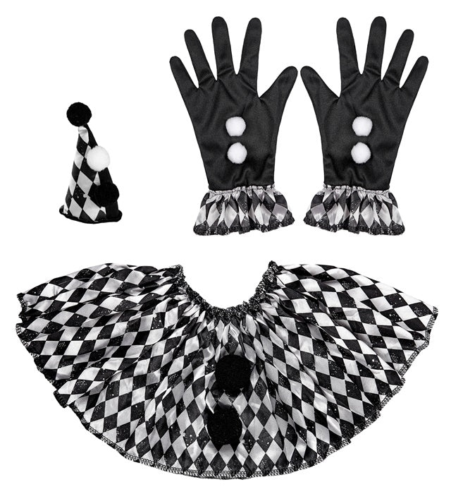 Harlekin Minihut, Kragen und Handschuhe als Fasnacht Kostümzubehör