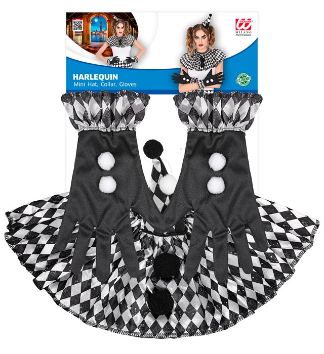 Harlekin Minihut, Kragen und Handschuhe als Fasnacht Kostümzubehör