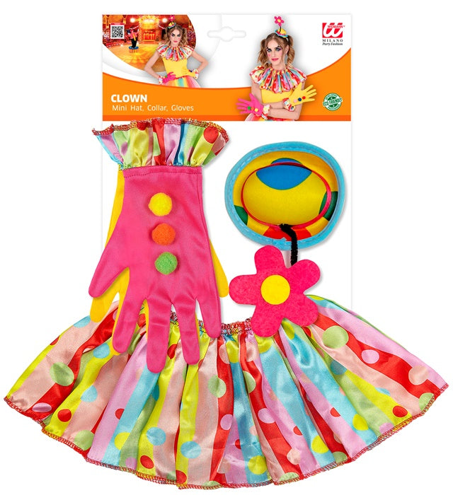 Clown Minihut, Kragen und Handschuhe Set in bunten Farben