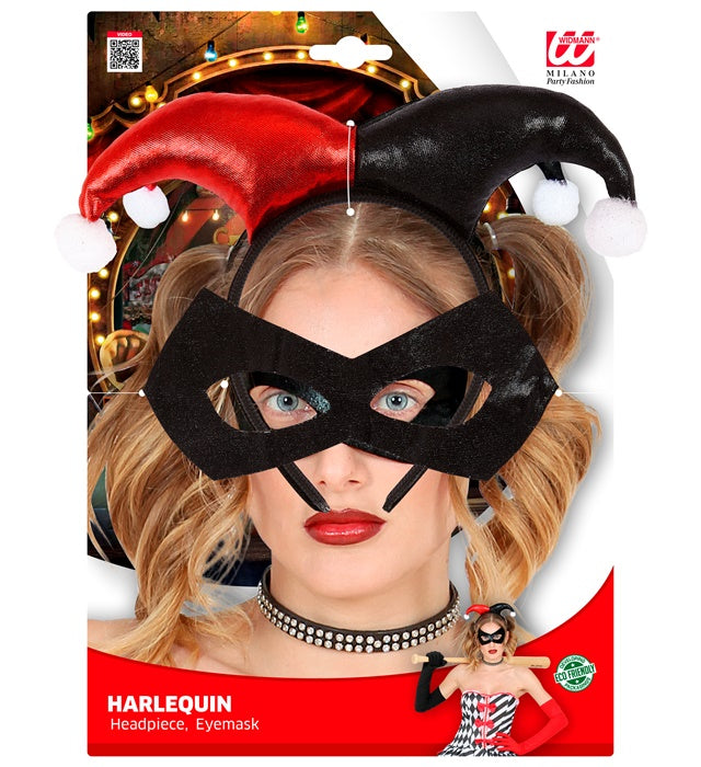 Harlekin Haarreif mit farbiger Augenmaske für Fasnacht und Halloween