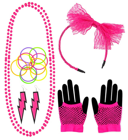"80er JAHRE MODE ACCESSOIRES NEON PINK" (Haarreif mit Schleife aus Spitze, 2 Perlenketten, Paar Ohrringe, Paar fingerlose Netzhandschuhe, 10 Armbänder) Neon - Pink