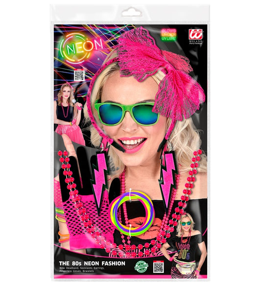 "80er JAHRE MODE ACCESSOIRES NEON PINK" (Haarreif mit Schleife aus Spitze, 2 Perlenketten, Paar Ohrringe, Paar fingerlose Netzhandschuhe, 10 Armbänder) Neon - Pink