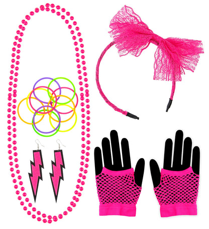 80er Jahre Mode Accessoires Neon Pink Set