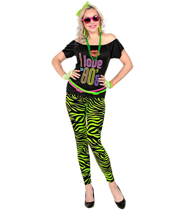 Neon grüne Leggings mit Tigerprint im 80er Jahre Stil