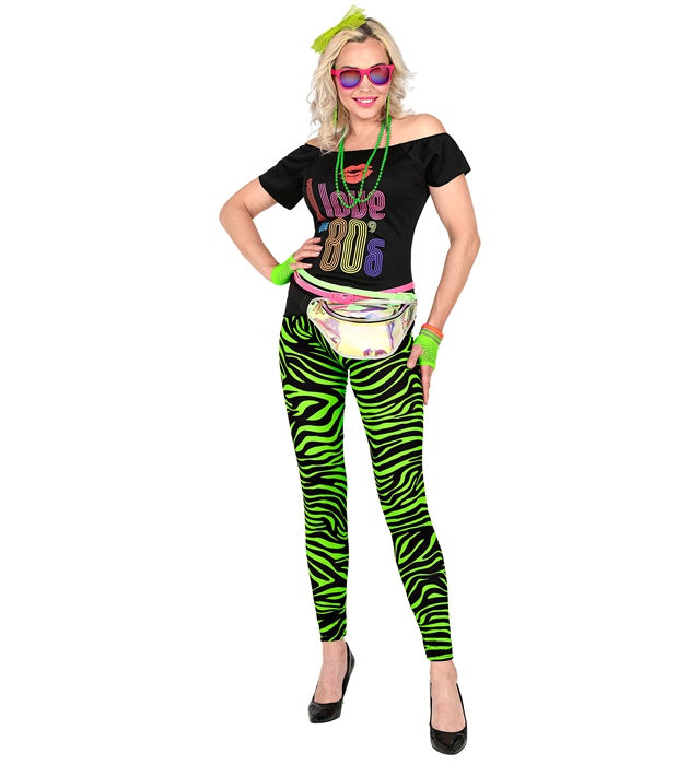 Neon grüne Leggings mit Tigerprint im 80er Jahre Stil