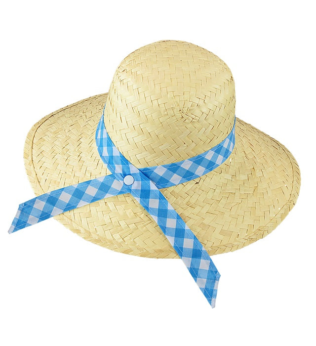 Strohhut Bäuerin mit blauem Band auf hellem Hintergrund
