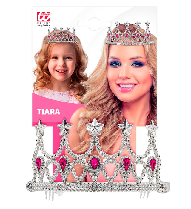 Tiara mit funkelnden klaren Edelsteinen auf silbernem Gestell