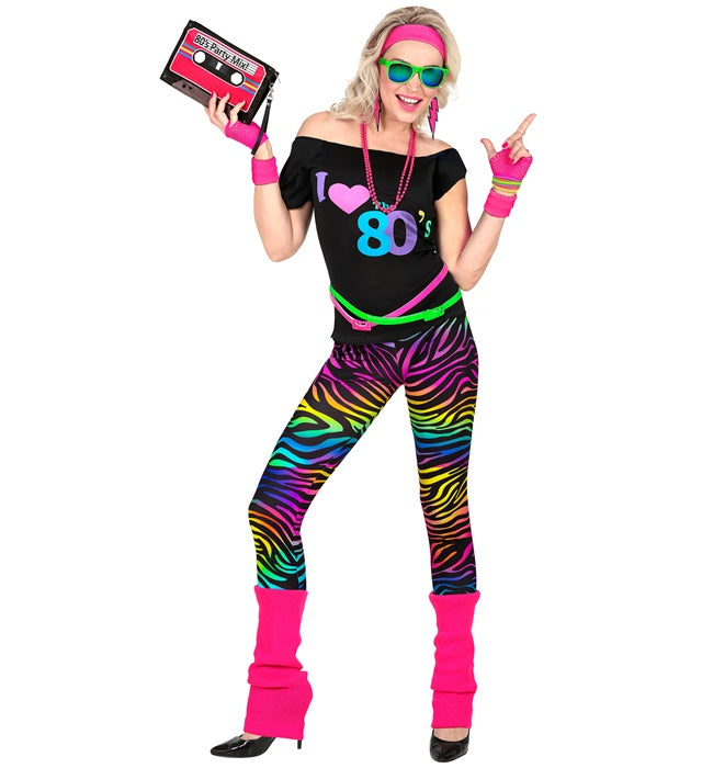 80er Jahre Kostümset mit ärmellosem Shirt, Leggings, Beinstulpen, Stirnband und Armbändern