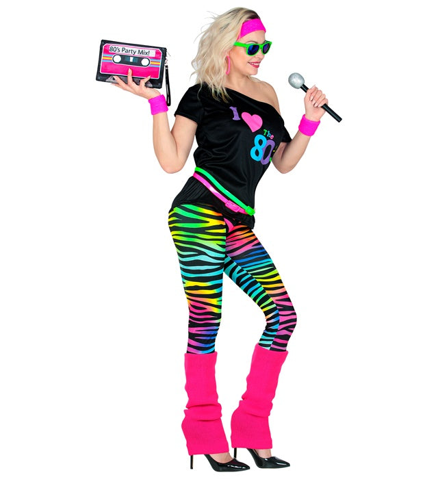 80er Jahre Kostümset mit ärmellosem Shirt, Leggings, Beinstulpen, Stirnband und Armbändern