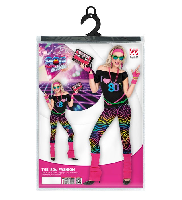 80er Jahre Kostümset mit ärmellosem Shirt, Leggings, Beinstulpen, Stirnband und Armbändern
