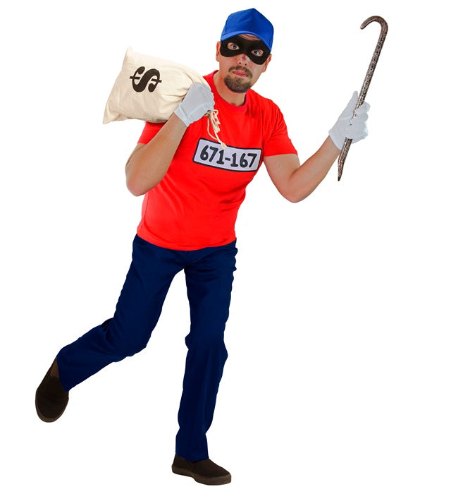 Dieb-Kostüm Set mit T-Shirt, schwarzen Handschuhen, Augenmaske und Basecap