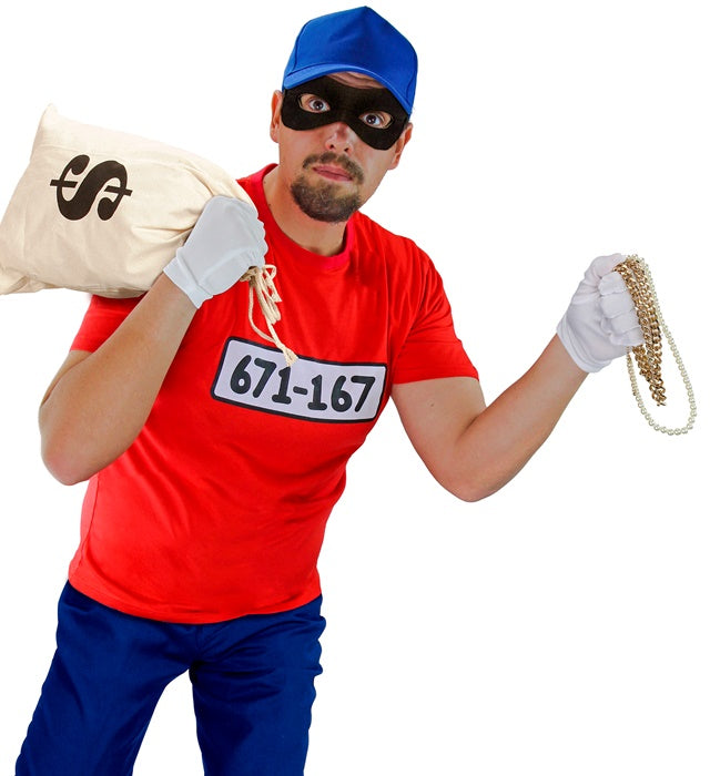 Dieb-Kostüm Set mit T-Shirt, schwarzen Handschuhen, Augenmaske und Basecap