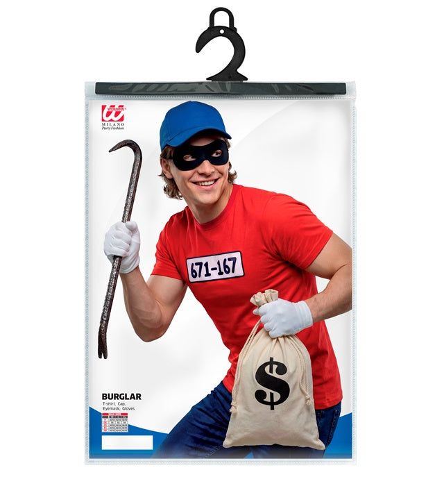 Dieb-Kostüm Set mit T-Shirt, schwarzen Handschuhen, Augenmaske und Basecap