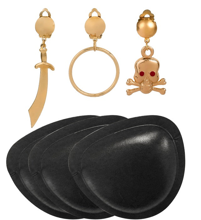Pirat Set mit schwarzer Augenklappe und Ohrring auf weißem Hintergrund
