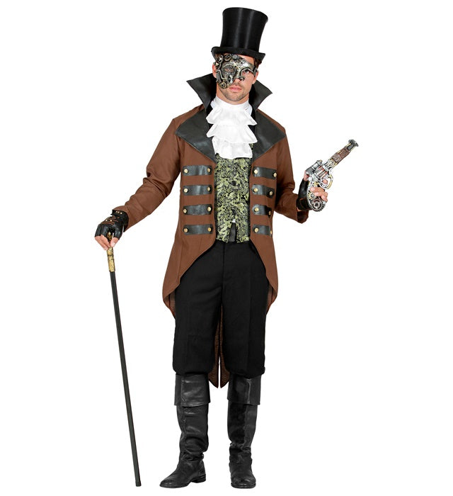 Steampunk Kostüm mit schwarzem Frack, Weste und weißem Jabot auf neutralem Hintergrund