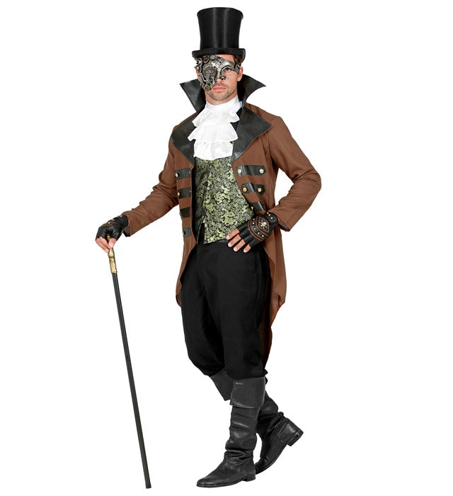 Steampunk Kostüm mit schwarzem Frack, Weste und weißem Jabot auf neutralem Hintergrund