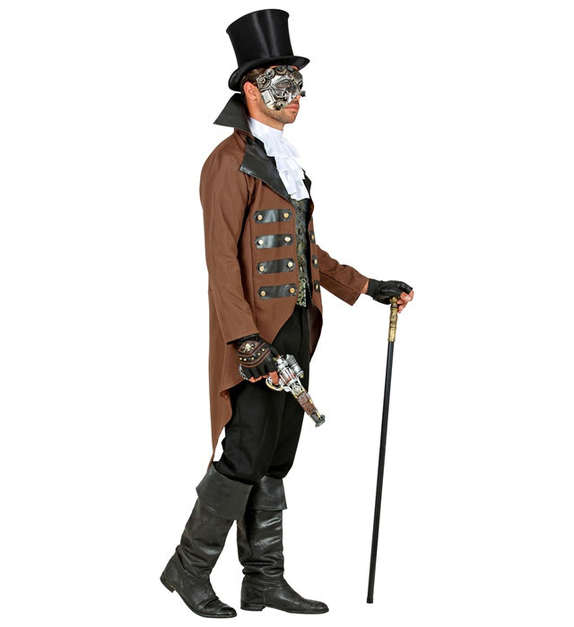 Steampunk Kostüm mit schwarzem Frack, Weste und weißem Jabot auf neutralem Hintergrund