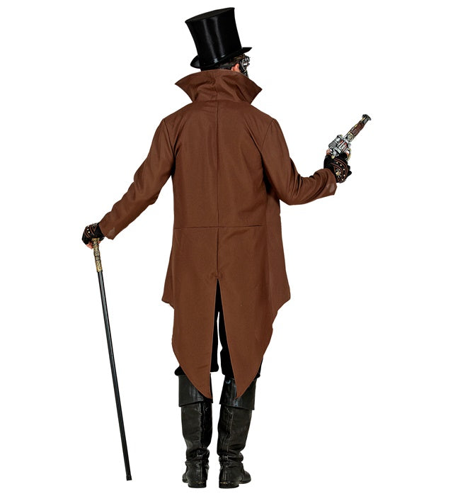 Steampunk Kostüm mit schwarzem Frack, Weste und weißem Jabot auf neutralem Hintergrund