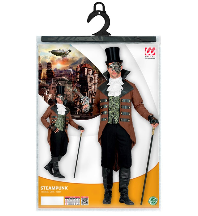 Steampunk Kostüm mit schwarzem Frack, Weste und weißem Jabot auf neutralem Hintergrund