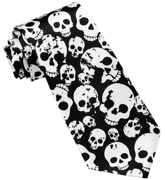 Satin-Krawatte mit Totenkopf und Knochen Motiv für Halloween und Fasnacht