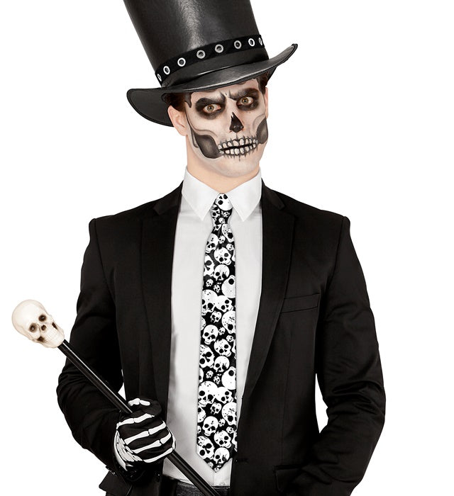 Satin-Krawatte mit Totenkopf und Knochen Motiv für Halloween und Fasnacht