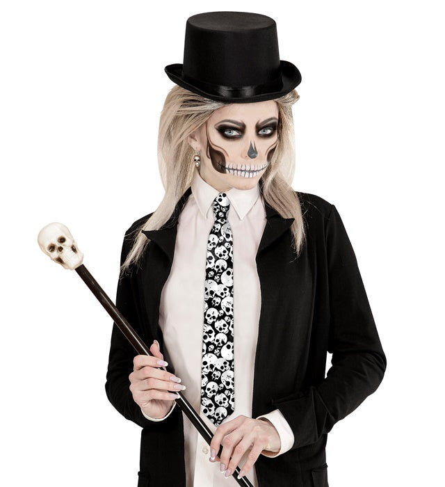 Satin-Krawatte mit Totenkopf und Knochen Motiv für Halloween und Fasnacht