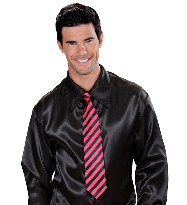 Satin-Krawatte in Schwarz mit neonpinken Streifen – Fasnacht und Karneval Accessoire