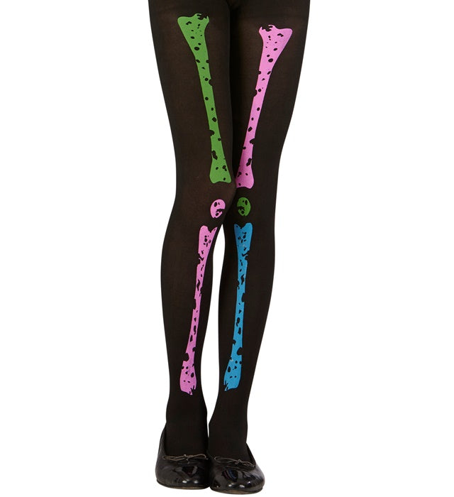 Neon Skelett Strumpfhose 70 DEN mit leuchtendem Skelettmuster unter Schwarzlicht