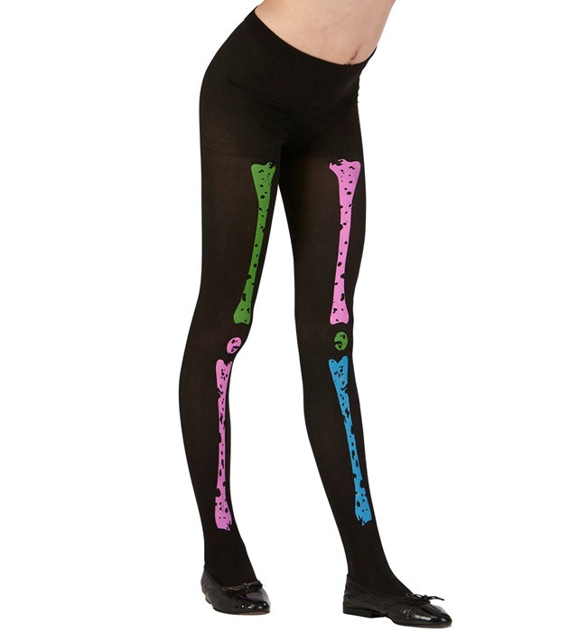 Neon Skelett Strumpfhose 70 DEN mit leuchtendem Skelettmuster unter Schwarzlicht