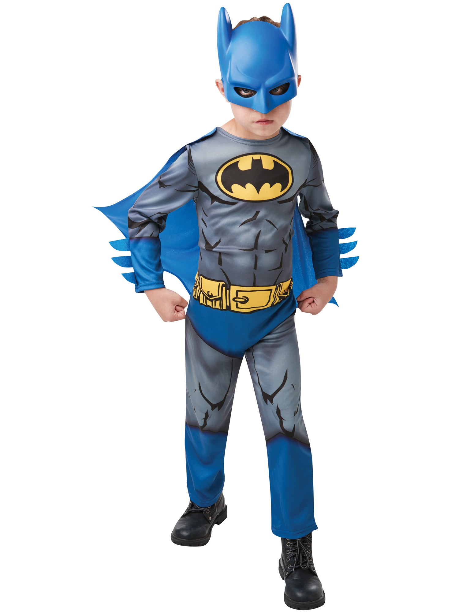 Batman Kinderkostüm für Jungen von Rubies mit Overall, Umhang und Maske – Produktansicht