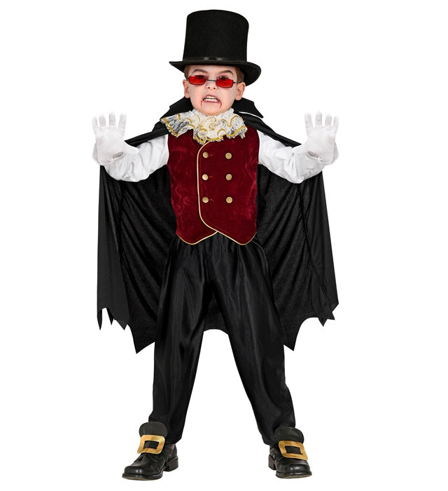 Vampir-Kostüm mit Hemd, Weste, Jabot und Umhang mit Kragen