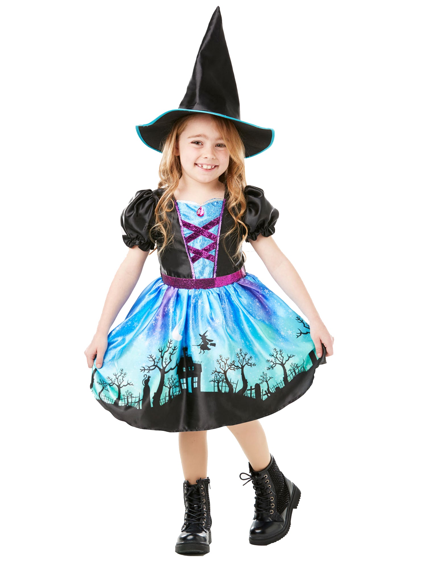Rubies Moonlight Witch Kinderkostüm für Mädchen mit Kleid und Hut – Detailansicht