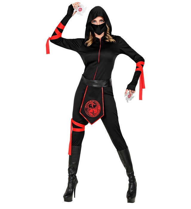 Ninja Kostüm Komplettset mit Kapuze und Gesichtsmaske auf neutralem Hintergrund