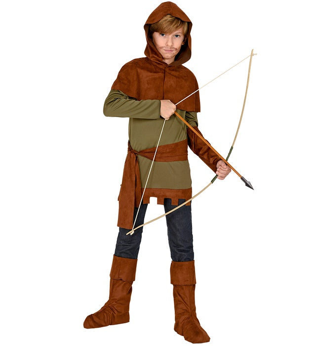 Robin Hood Kostüm Set mit grüner Kapuze, Gürtel und Stiefelüberziehern