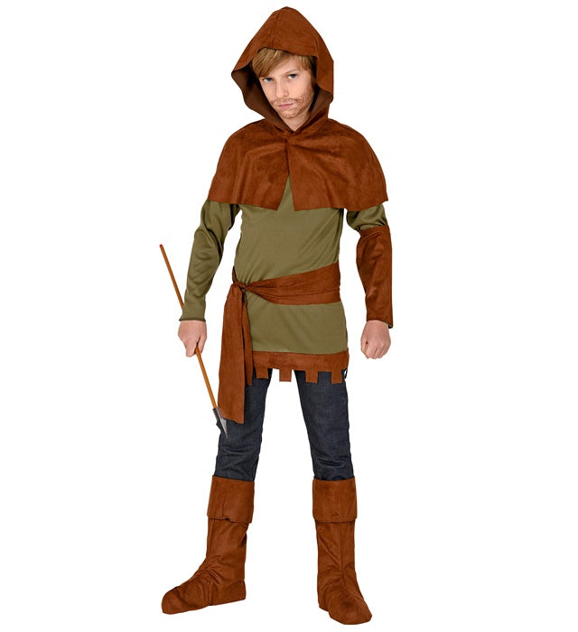 Robin Hood Kostüm Set mit grüner Kapuze, Gürtel und Stiefelüberziehern