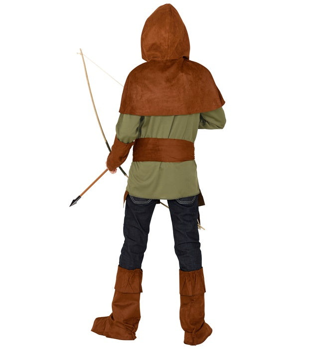 Robin Hood Kostüm Set mit grüner Kapuze, Gürtel und Stiefelüberziehern