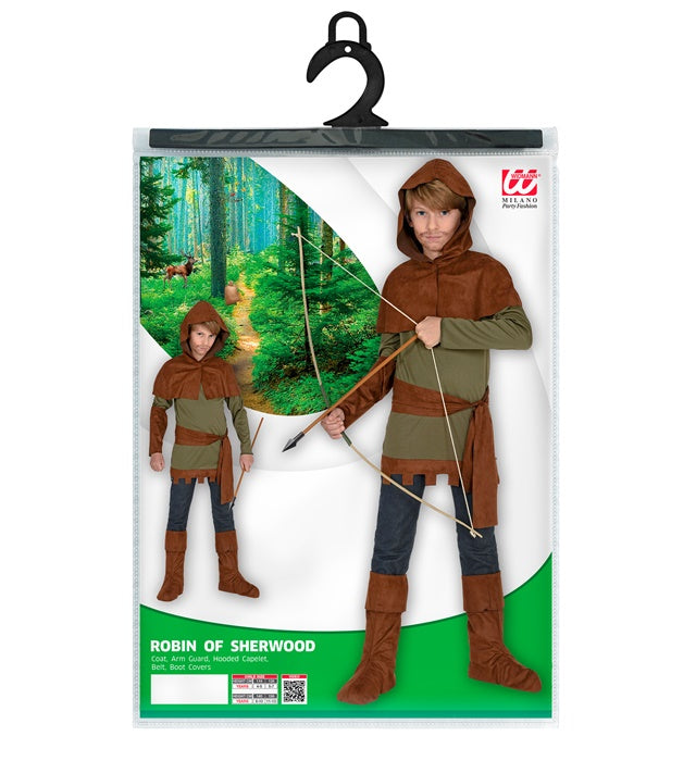 Robin Hood Kostüm Set mit grüner Kapuze, Gürtel und Stiefelüberziehern