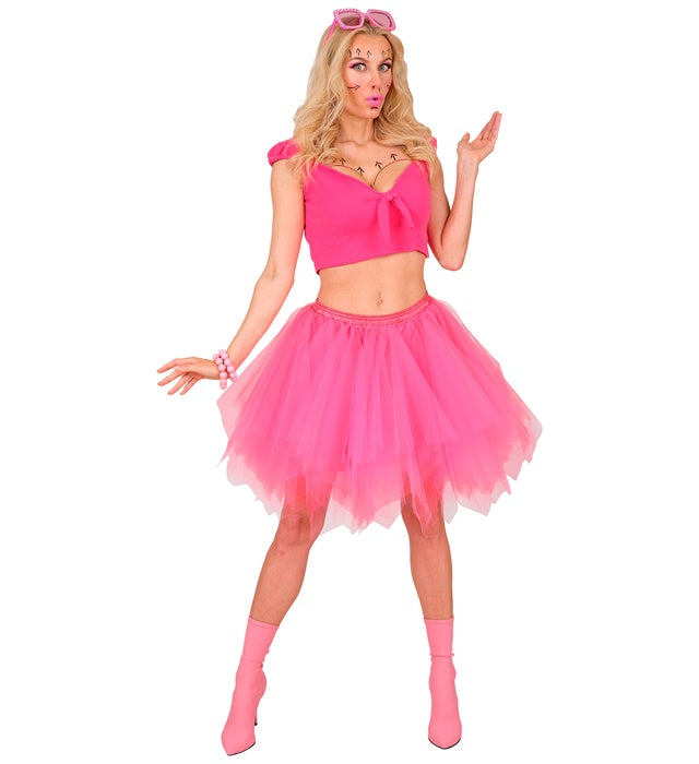 Neon pinkes Tutu mit integrierter Innentasche für LED-Lichter auf weißem Hintergrund