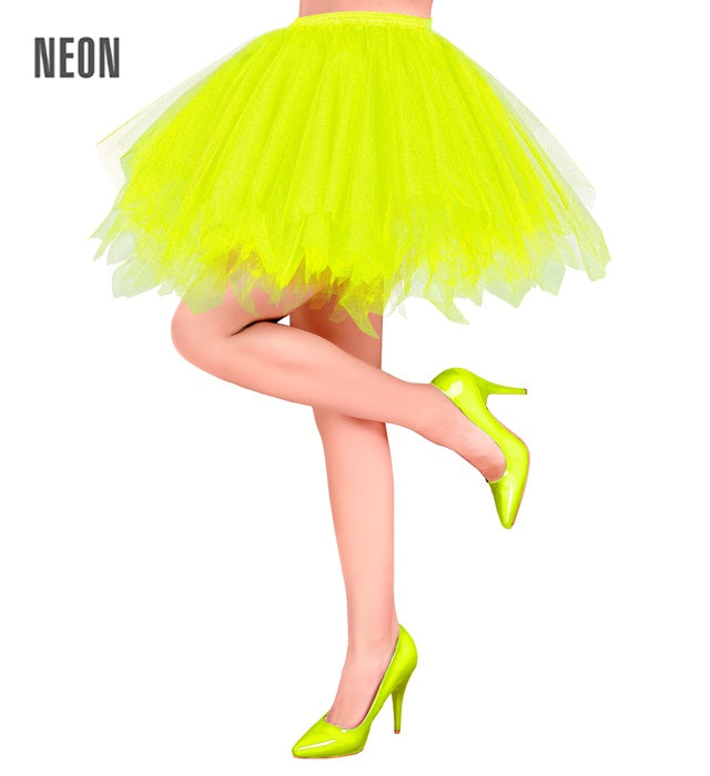 Neon gelbes Tutu mit Innentasche für LED-Lichter auf weißem Hintergrund